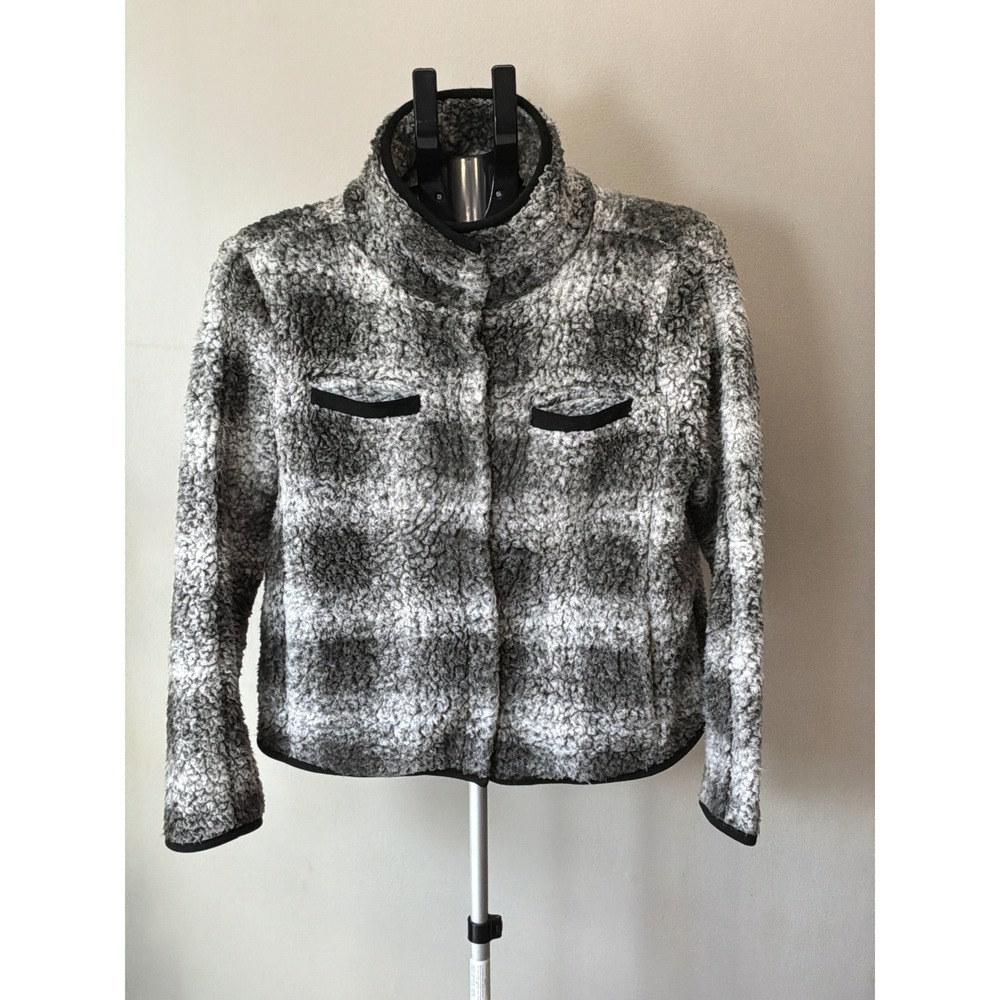 Dylan Womens S Faux Fur Plaid Jacket Gray Black Snap Front Gorpcore Cozycore